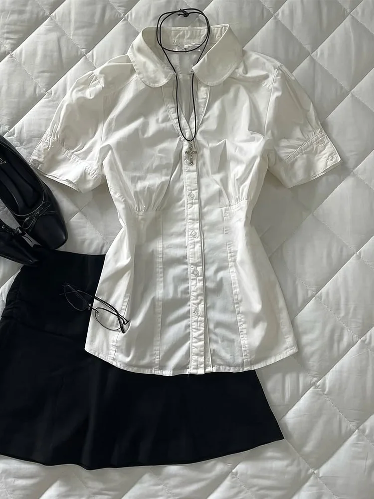 Chic White Slim Fit ort Sve irt for Young Women Korean Sle Commute Faion Polka Dot Design Polyester Cotton Blend