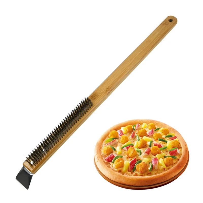 Pizza Brush Scraper Wood Handle Stainless Steel Bristles Portable Grill Cleaning Brush for Outdoor Oven Cleaner