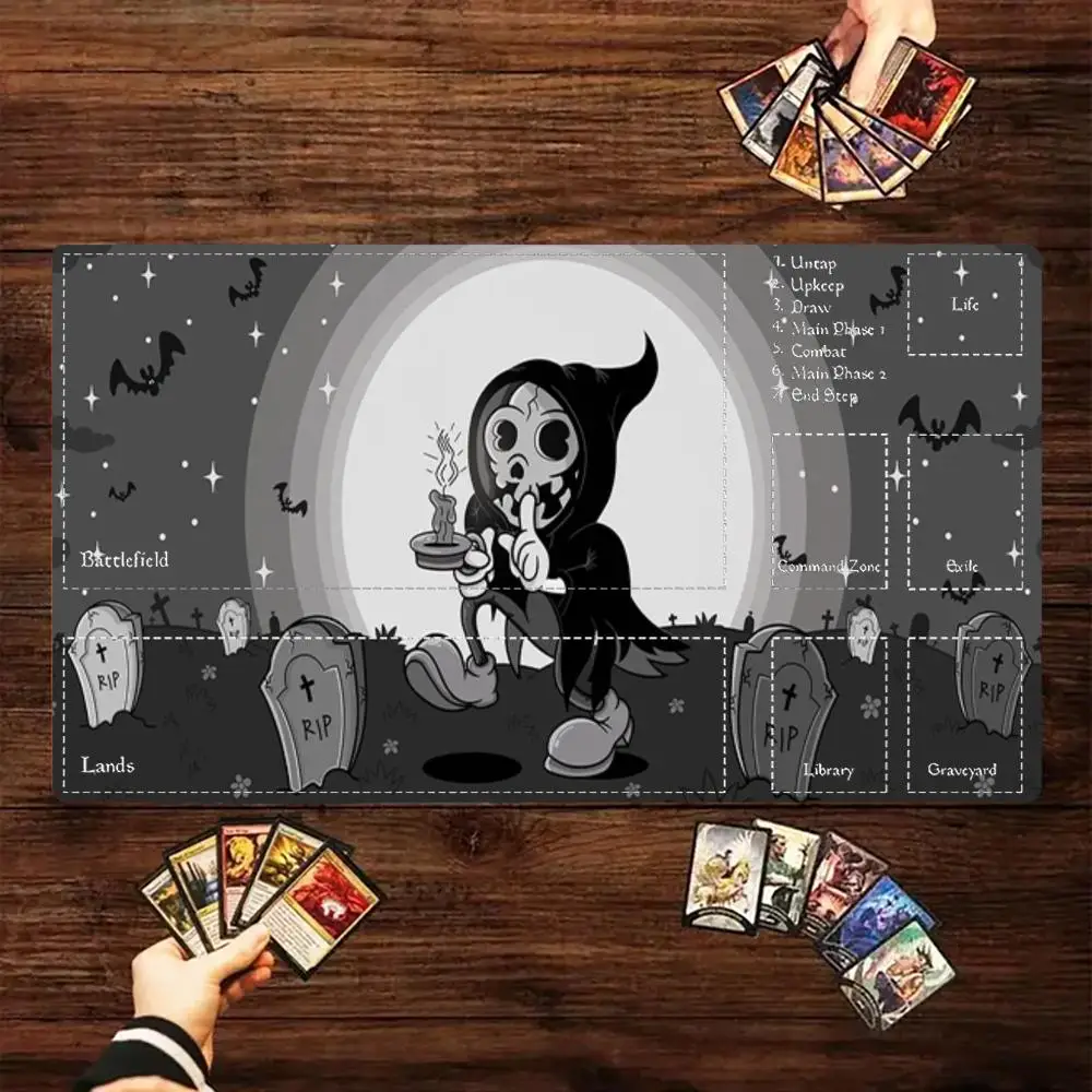 Large Size Card Game Mat Halloween Grim Reaper Skeleton Vintage Cartoon Graveyard Bats Moon Candle For TCG MTG RPG Board Games