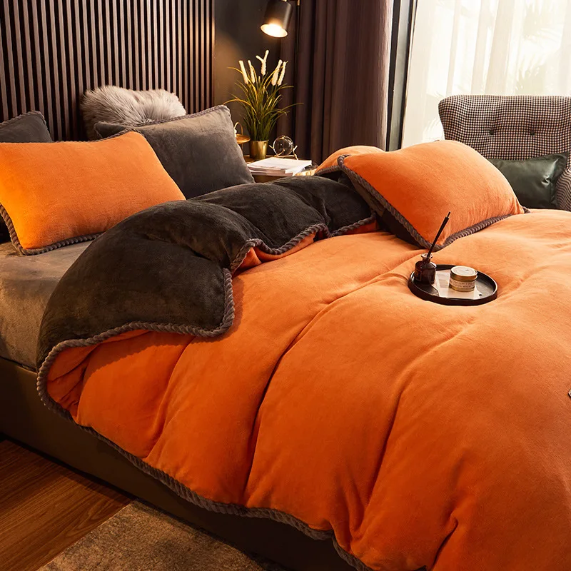 Premium High GSM Milk Fleece 4PC Bedding Set Crystal Mink Plush Elegant Style Soft Skin-Friendly Warm Winter Comforter Cover