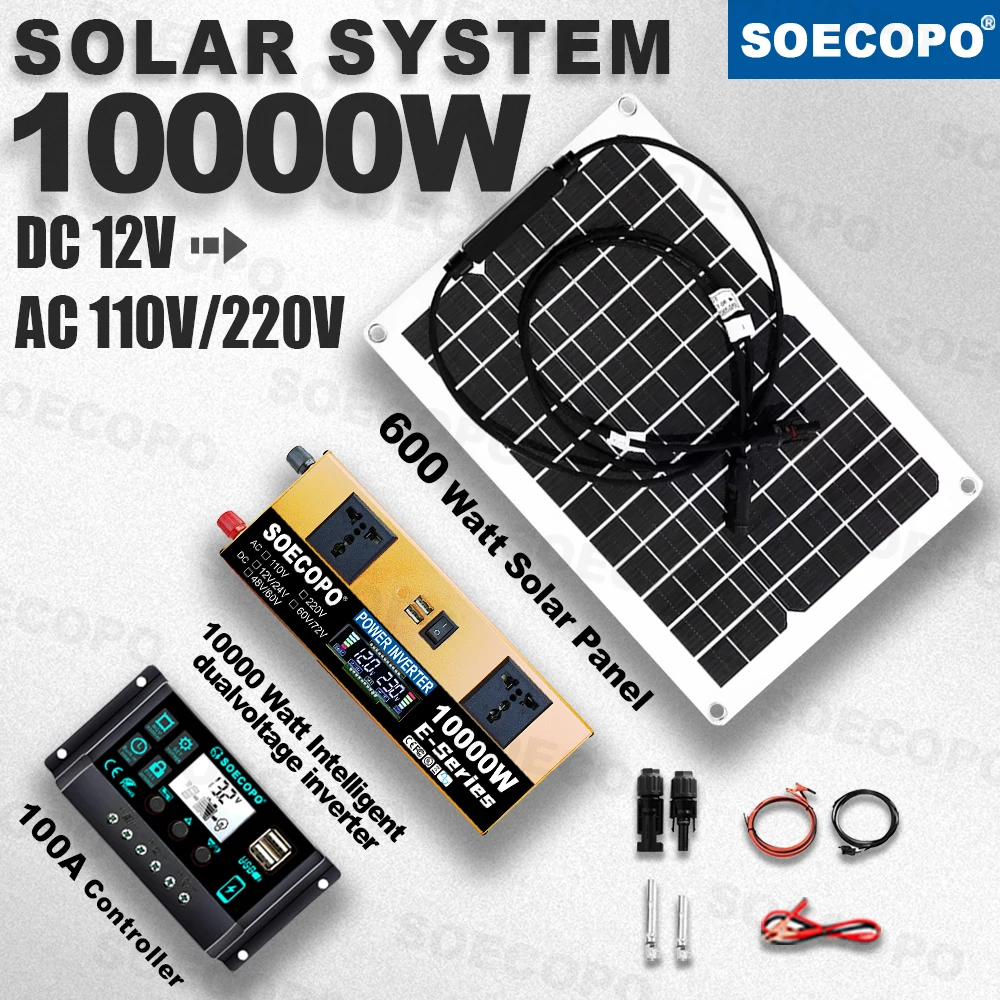 SOECOPO 10000W Peak Solar System Kit 600W Panel 100A Controller 12V 24V To 110V/220V Inverter for RV Camping Off-Grid Backup