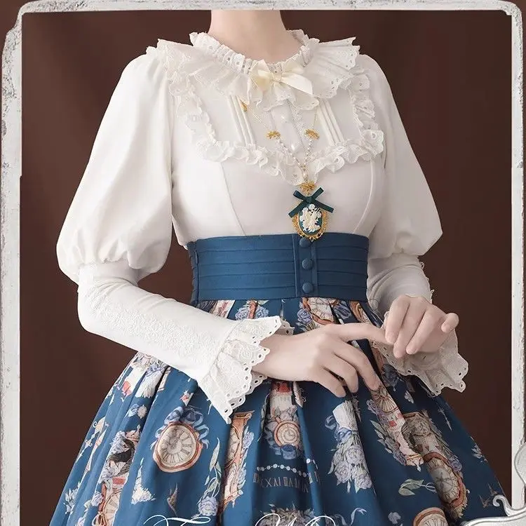 

Elegant Slimming Fleece Lined Long Sleeve round Neck Blouse with Ruffle Hem And Sheep Leg Sleeves for Women Winter Inner Shirt