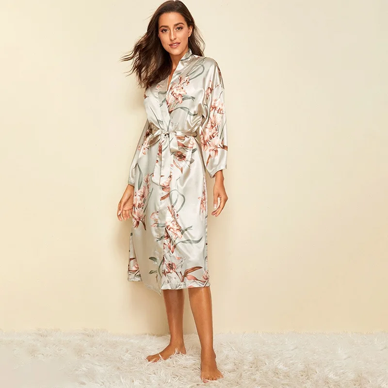 2024 Satin Nightgown Women\'s Fashion Light Luxury Style Nightgown Women\'s Spring/Summer Thin Printed Home Furnishing Outer Robe