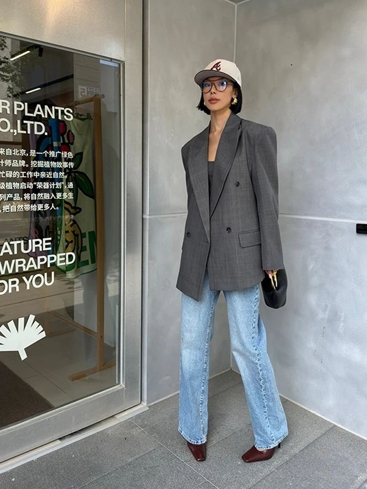 VanessaLab-Chaqueta a cuadros para mujer, traje informal de temperamento, silueta gris suelta, otoño