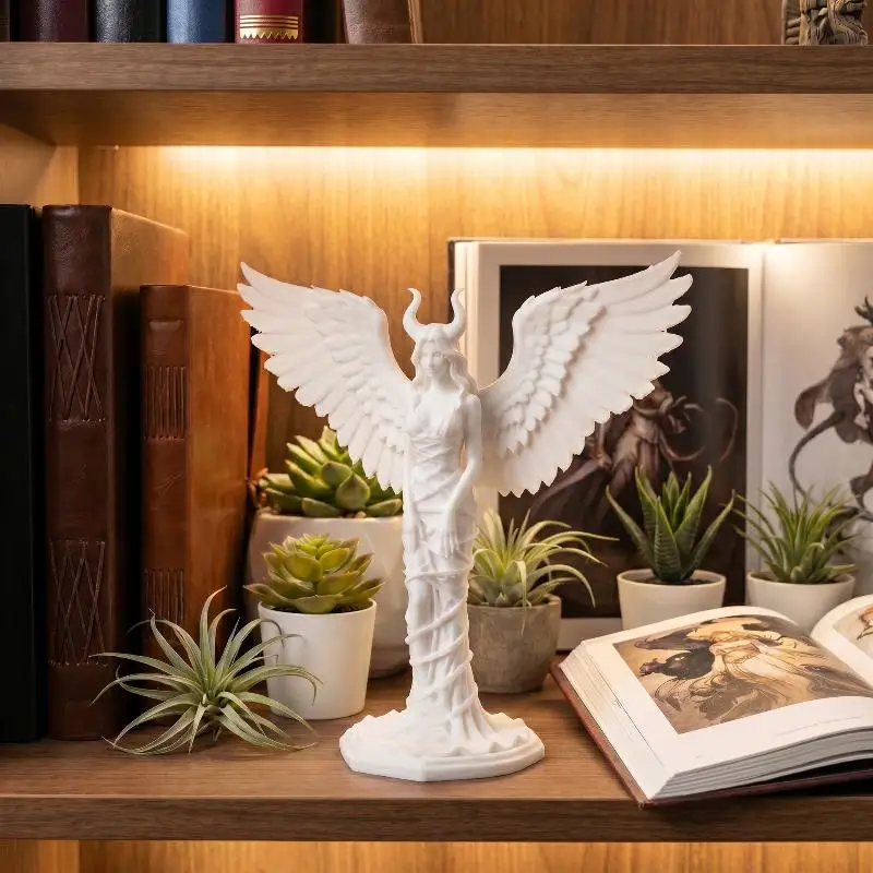 3D Printing White Horned Angel Statue Scratch Resistant Carved Wings for Bedroom Nightstand Home Decor