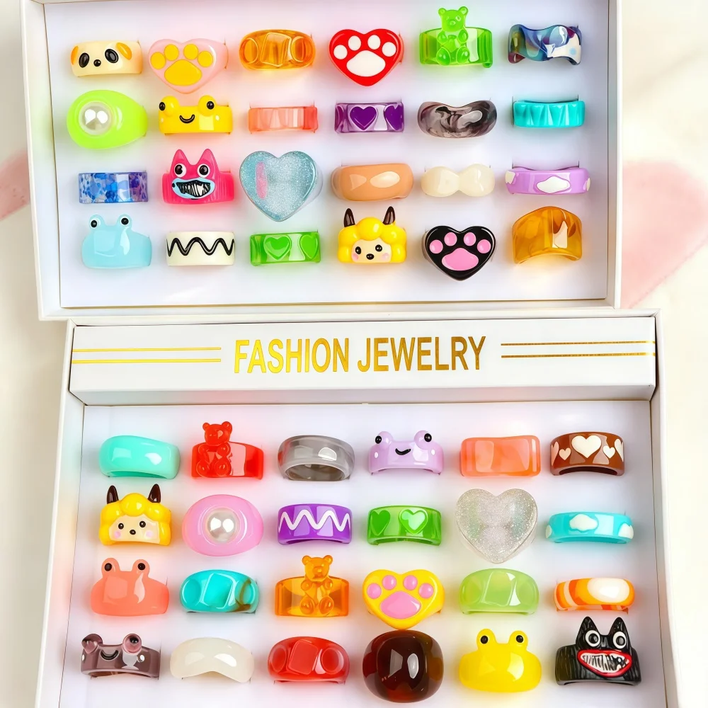 12/24/36Pcs/Lot New Fashion Cute Colorful Bear Heart Mix Style Resin Arcylic Rings For Women Girls Brithday Party Jewelry Gifts
