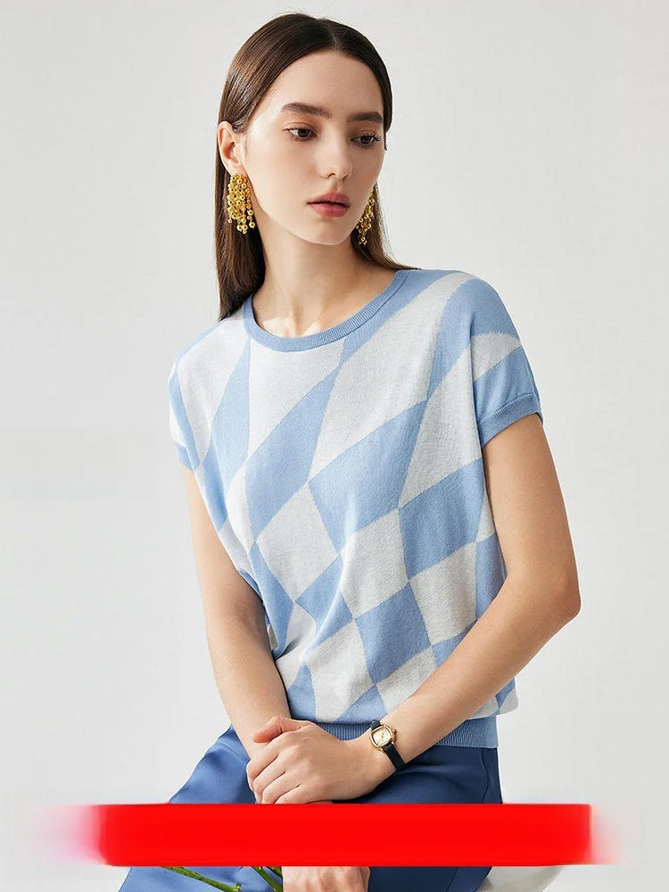 

Loose Short Sleeve round Neck Knitted T-Shirt Silk Casual Style Women's Top Diamond Pattern Floral Embroidery Spring S...