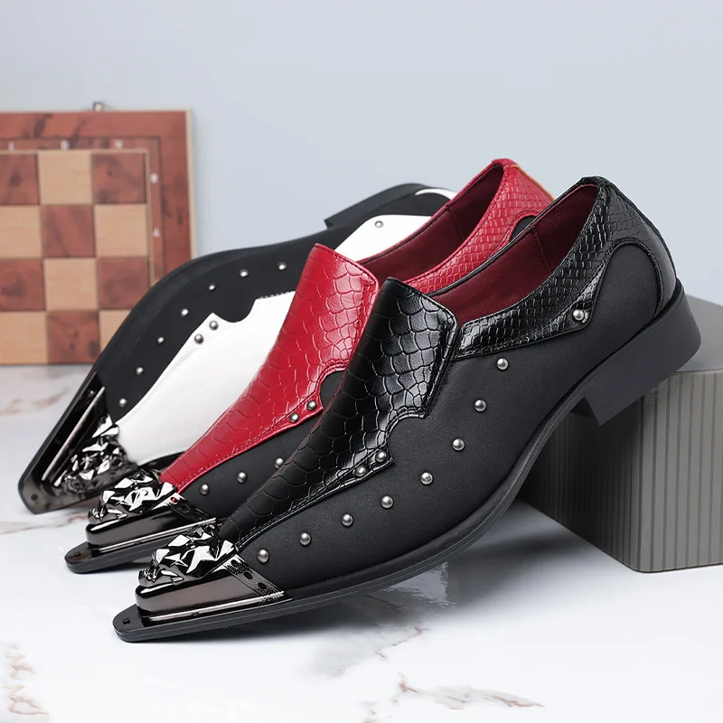 Mixed Color Genuine leather Splicing Male Loafers Rivet Decor Metal Pointed Toe Chunky Heel Derby Shoes Men's Formal Dress Shoes