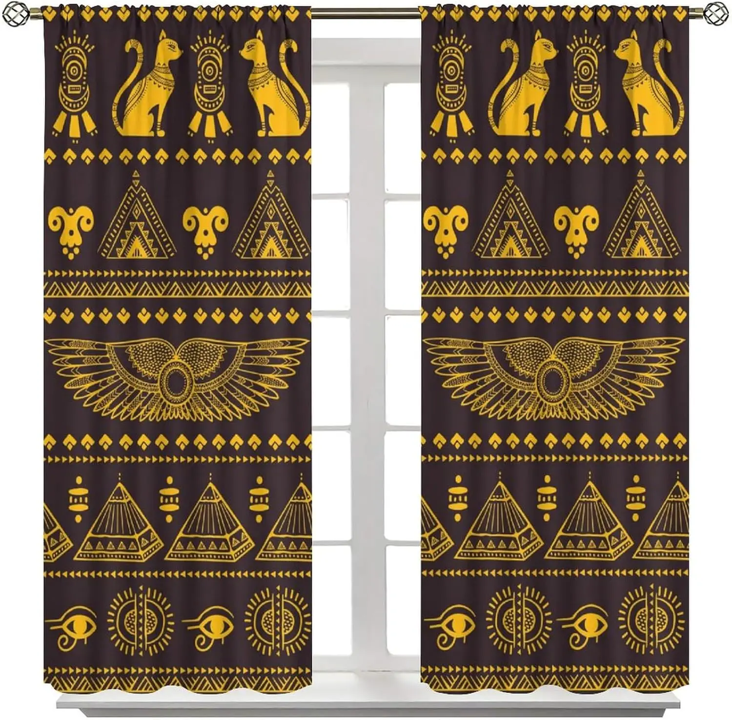 Mystic Ancient Egyptian Curtains,Black Cat Tribe Egypt Pyramids History Black Gold Vintage Decor Rod Pocket Window Treatments