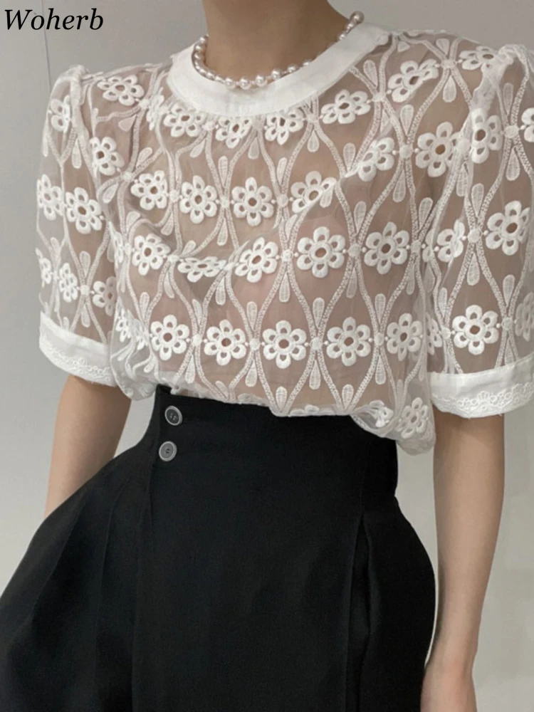 Y2k Summer Women See Throug Shirts 2024 Blusas De Mujer O-neck Puff Sleeve Korean Tees Loose Embroidery Lace White Blouse Tops