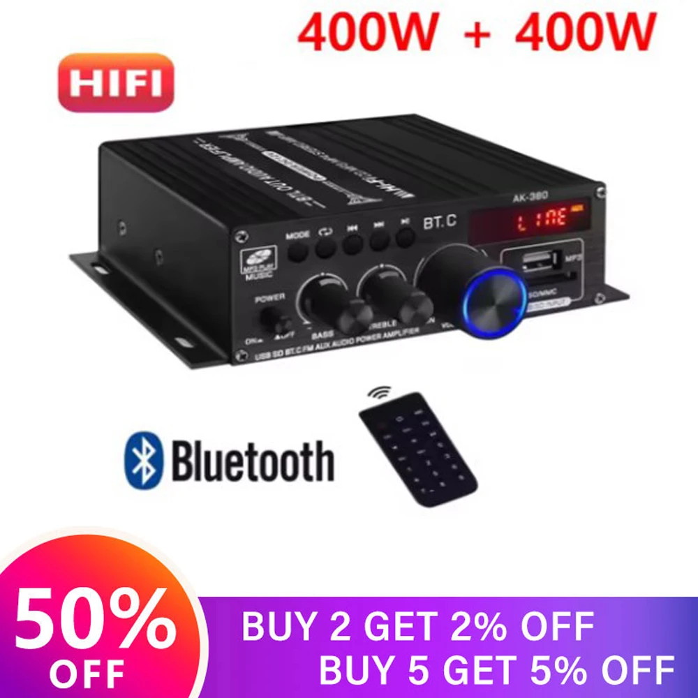 Nuevo amplificador de sonido AK-380 canal 2,0 HIFI Bluetooth amplificador Audio Digital para sistema de sonido de cine en casa altavoz amplificador de Audio para coche
