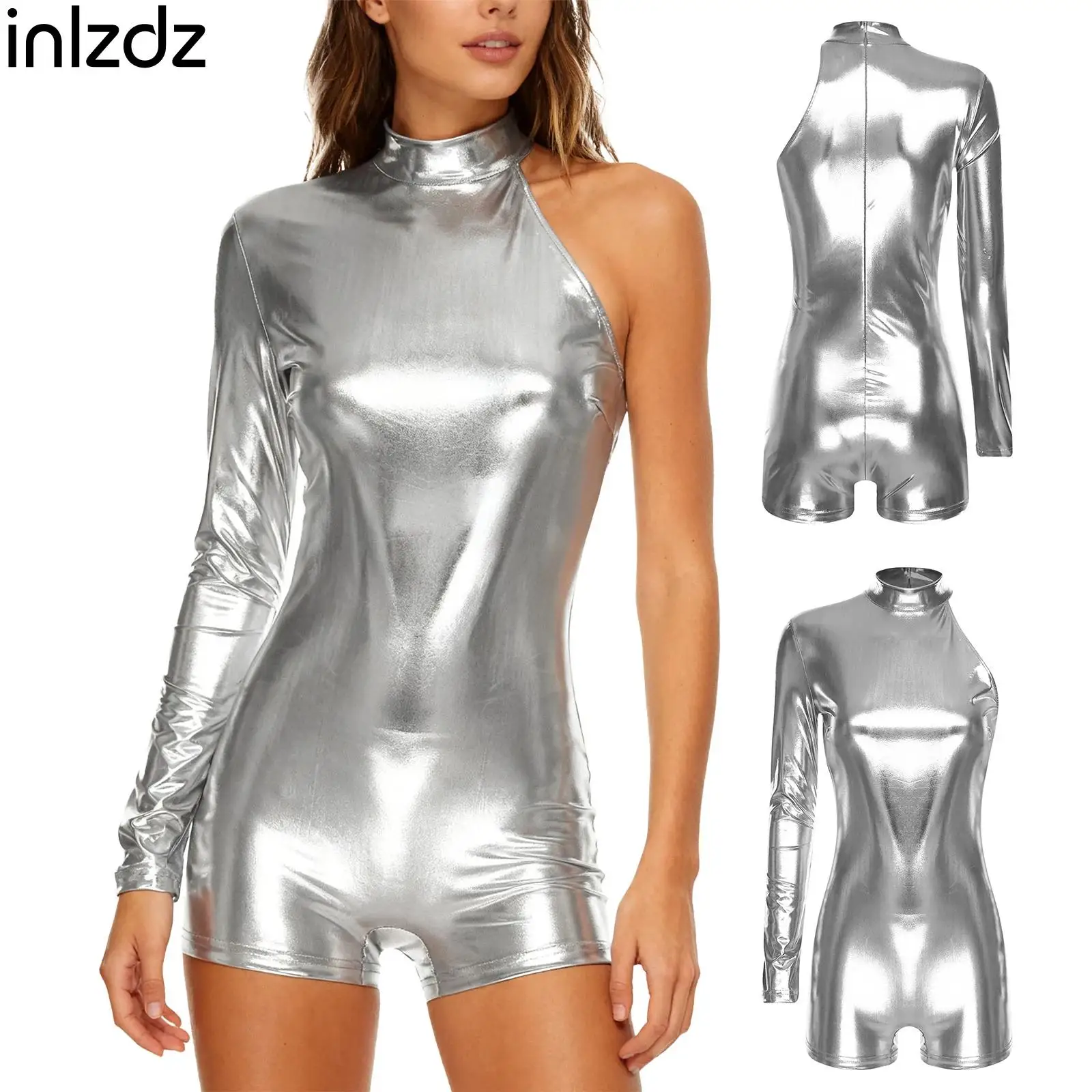 

Women Metallic Shiny Bodysuit Clubwear Swimwear One Sleeve Mock Neck Boy-shorts Leotard Jumpsuit for Yoga Gymnastics Raves Party