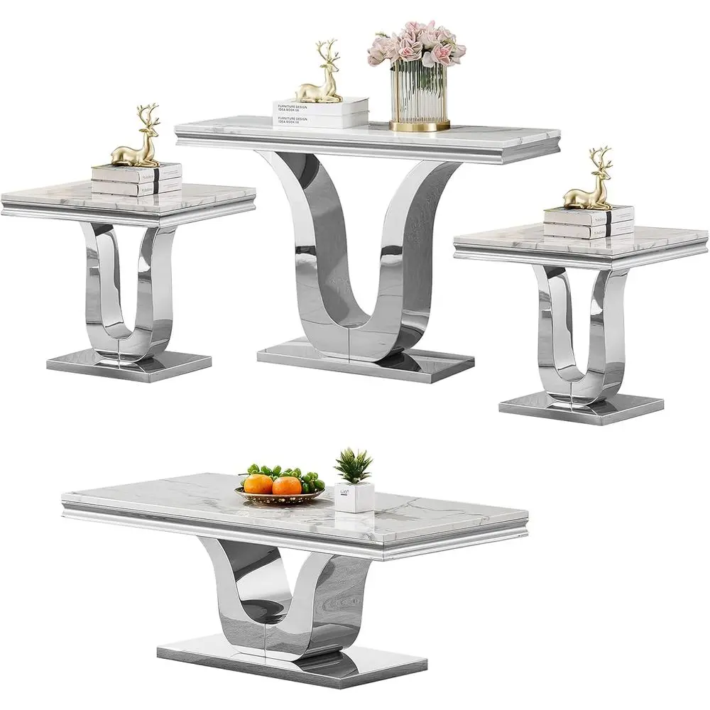 

Luxurious Marble Coffee & End Table Set for Living Room, White Silver with Mirrored Stainless Steel Base