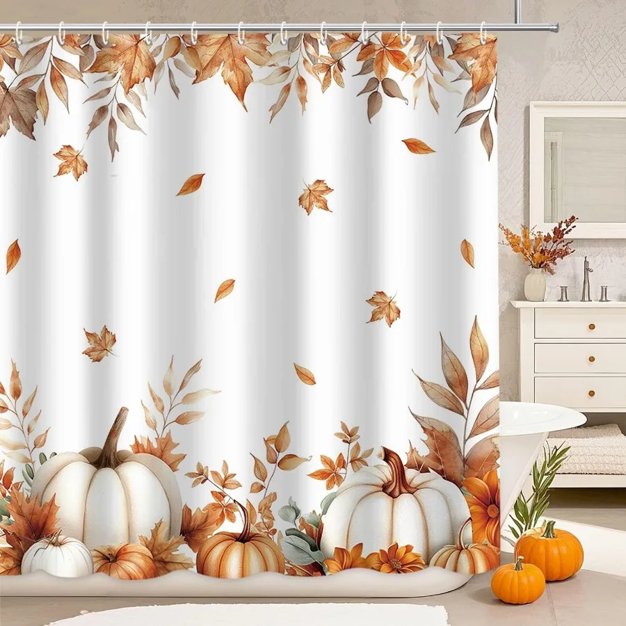 

Осенние тыквы, кленовый лист, занавеска для душа, осенние листья, урожай, День благодарения, фермерская обувь, акварель, сезон, наборы занавесок для ванной комнаты, вода