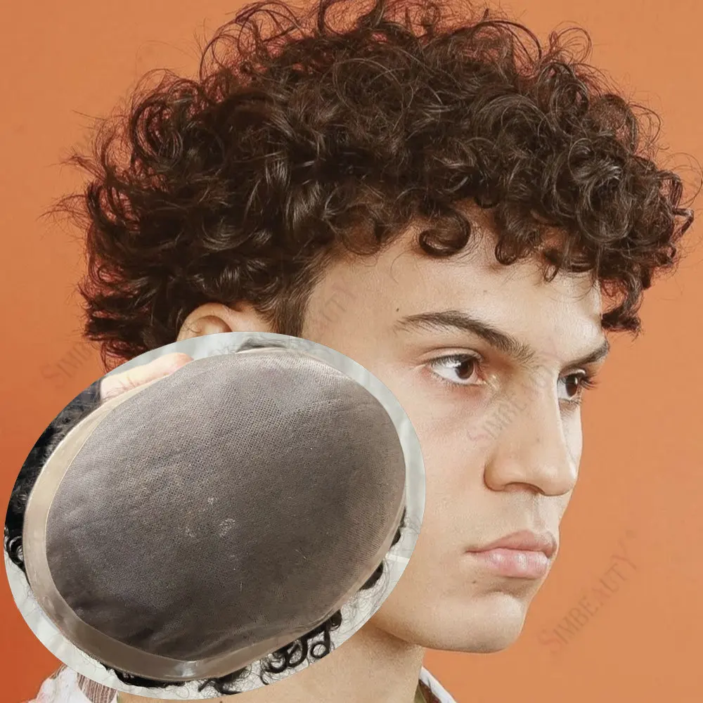 Curly Men's Wig 15mm Black Brown Human Hair Mono NPU Breathable Toupee18mm 20mm Curly Durable Male Replacement System Prosthesis