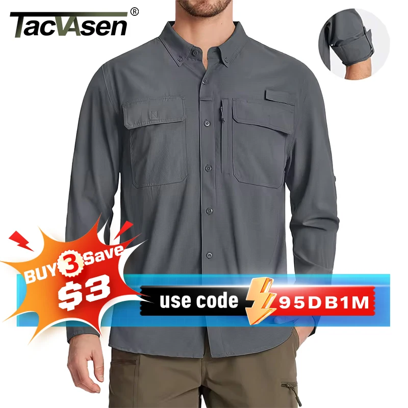 TACVASEN UPF 50+ Sun Protection Fishing Shirts Men's Quick Dry Long Sleeve Shirts Mesh Breathable Hiking Work Cargo Shirts