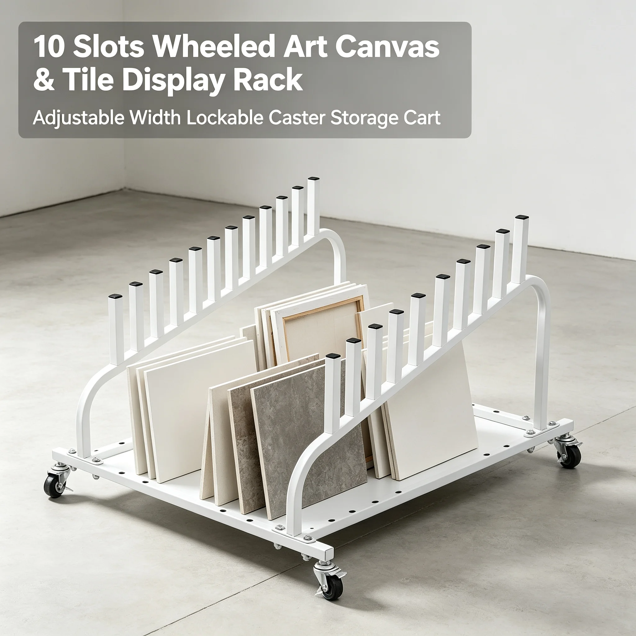 Adjustable Picture Frame Display Rack with Wheels, 10-Slot Canvas Storage Stand for Art Studios, Tile Sample Display Cart with 4 Locking Casters, White