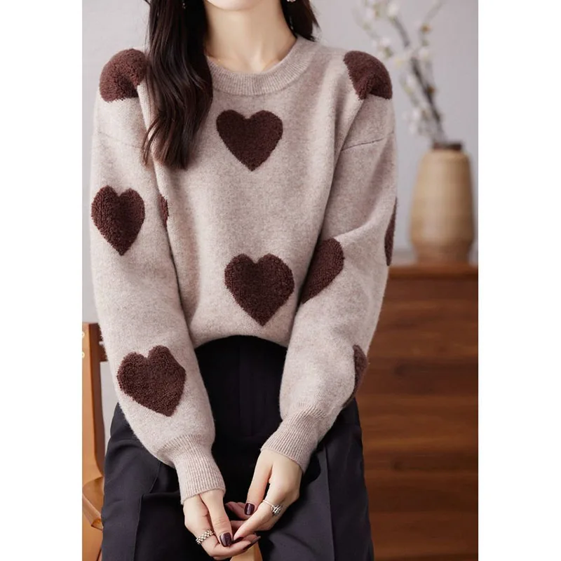 New Autumn/Winter Fashion Korean Edition Colorblock Love Round Neck Loose and Versatile Western Style Slimming Knitted Sweater