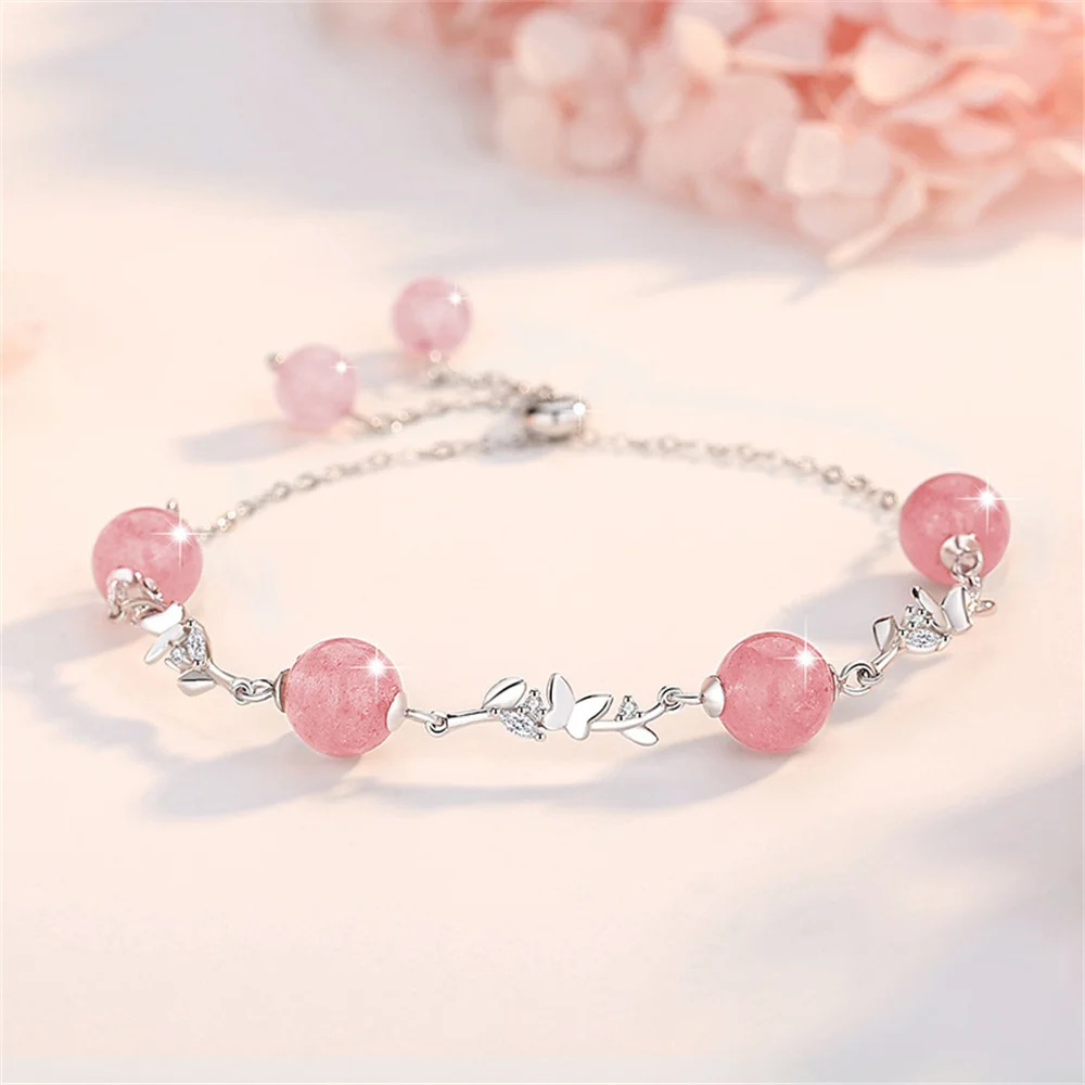 

Charm Bohemia 925 Sterling Silver Fashion Pink Natural Bead Strawberry Crystal Chain Butterfly Bracelet For Women Trendy Jewelry