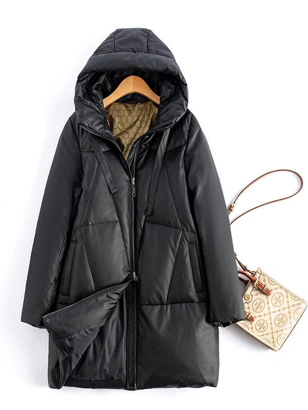   Ning 本革ダウンジャケット レディース ミッドレングス ルーズ ファッション ハイエンド 厚手の毛皮コート 暖かい 通勤用 スレ