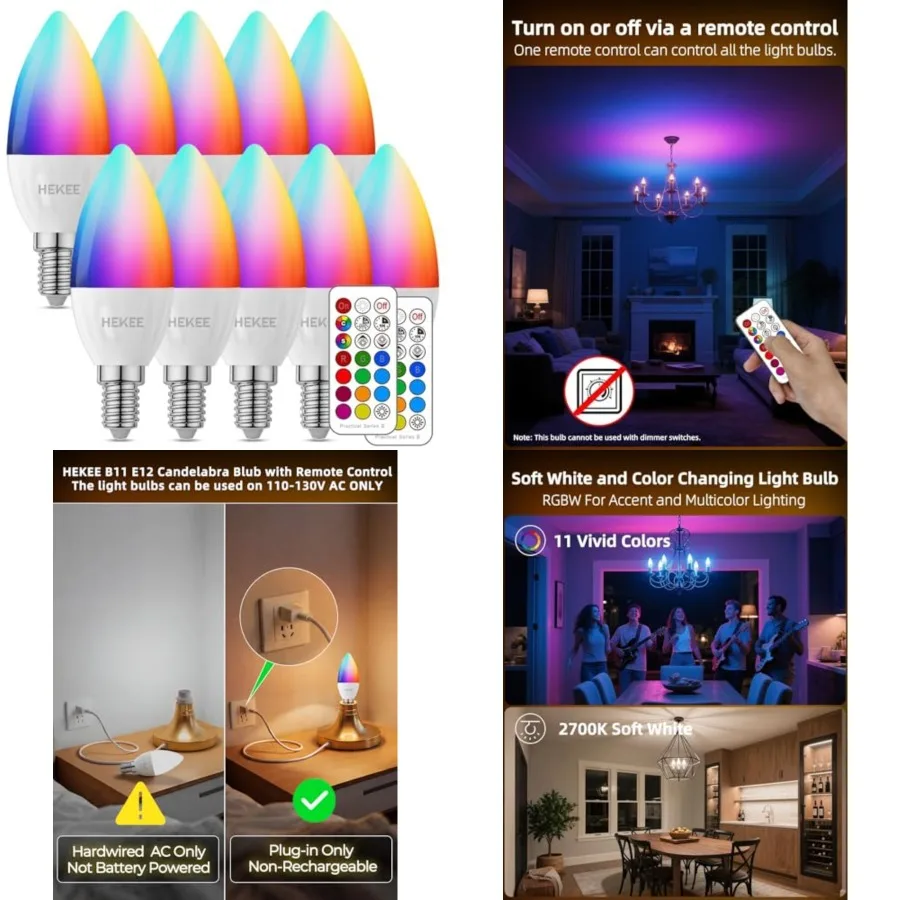 

E12 Candelabra Light Bulbs, Color Changing Bulb with Remote, Plug-in Only, E12 Base, 12 RGB+2700K Warm White, 40W Equiv 5W,450L