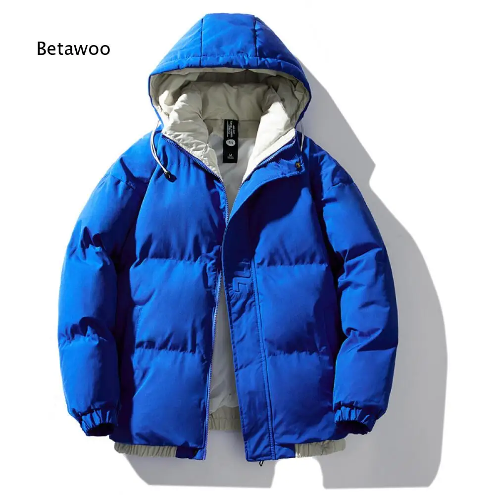 Men Bright Solid Tone Hooded Winter Puffer Outercoat Thick Padded Zip Jacket With Contrast Inner And Drawstring Hood Design