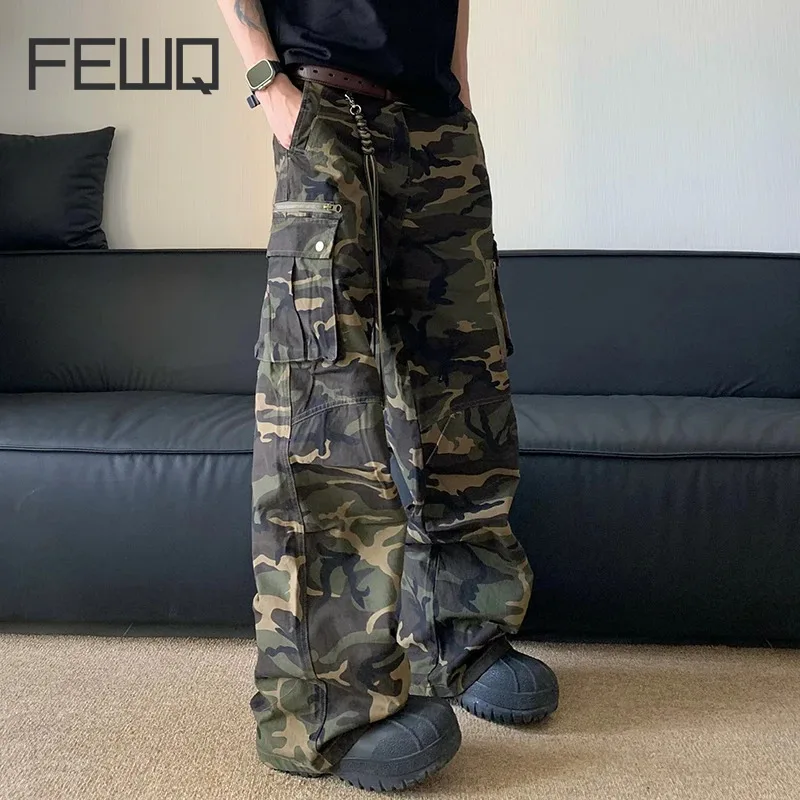 

FEWQ High Street Loose Straight Tube Large Pocket Workwear Pants High Waist Camouflage Trendy 2024 Contrast Male Trousers