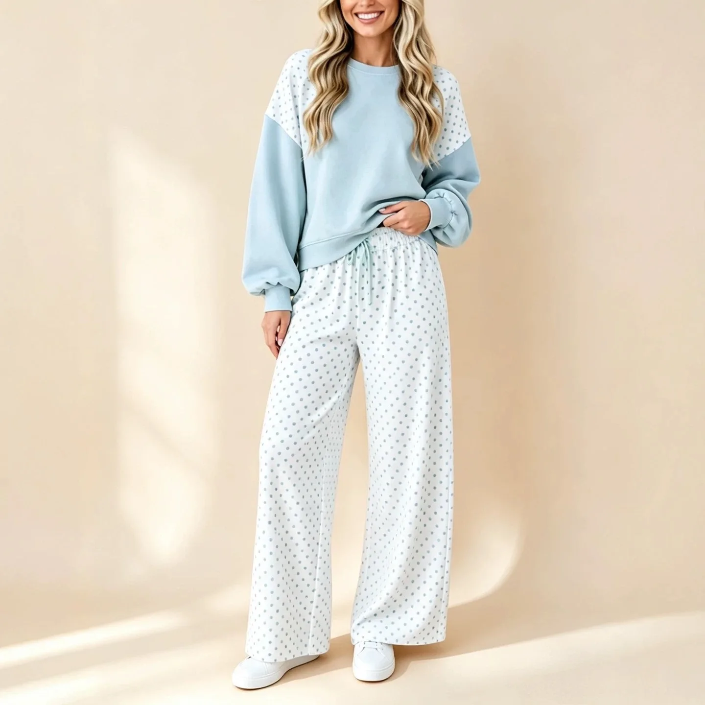 2026 New Autumn/winter Color-block Polka Dot. Women's Set Featuring A Round-neck. Long-sleeved Top And Wide-leg Pants. With A
