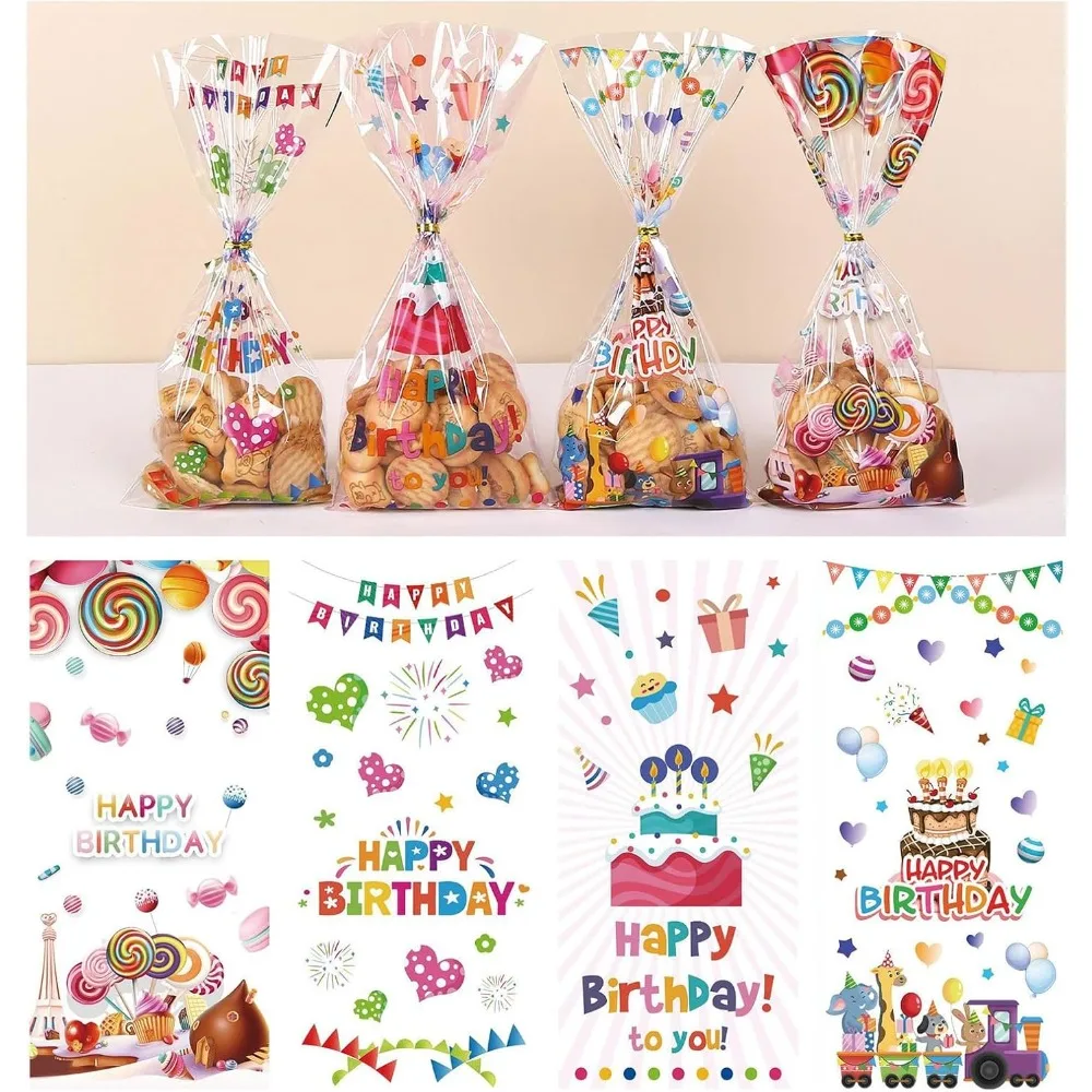 50 Uds. Bolsas de golosinas de celofán de feliz cumpleaños, bolsa de dulces transparente multicolor, bolsas de plástico para golosinas de estrellas y pasteles con lazos para galletas de regalo