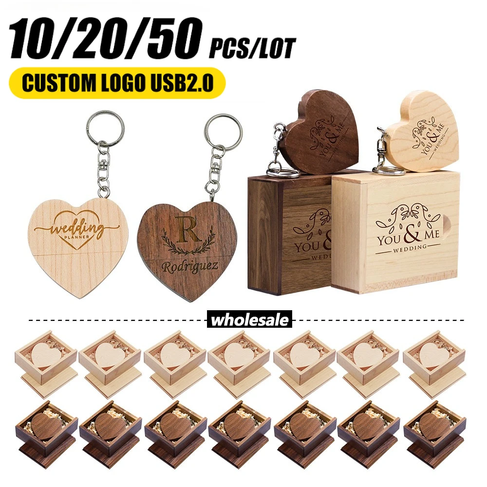 10/20/50Pcs/lot Wooden Heart + BOX USB Flash Drive Pendrive 64GB 32GB 16GB 8GB 128GB 4GB U Disk Photography Wedding Gifts