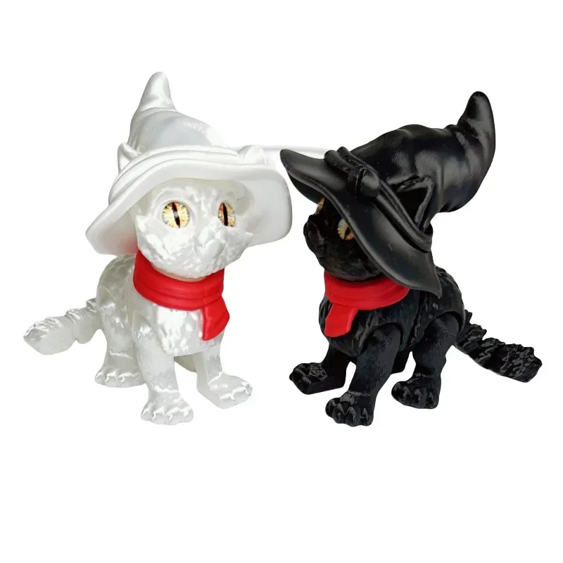 3D-gedruckte magische Katzenfigur, Spielzeug für Erwachsene, Kinder, Geschenk, realistisches Gelenk, beweglicher Hexenhut, Katzenornament, Tiermodell, Zappelspielzeug