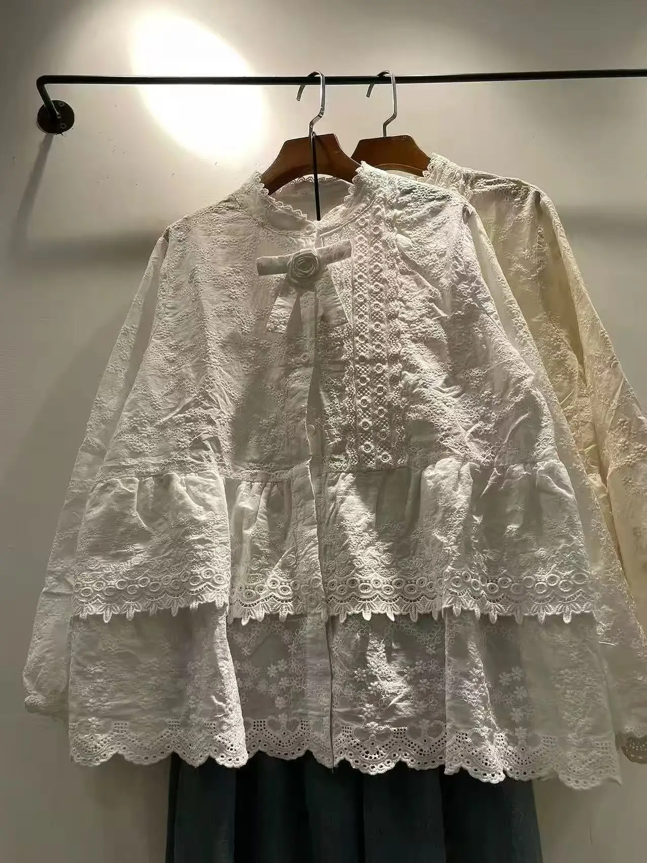 Women's Cotton Eyelet Embroidery Blouse Mori Girl Japanese Style 3D Rose Bow Shirts Long Sleeve Double Layer Scalloped Hem Top