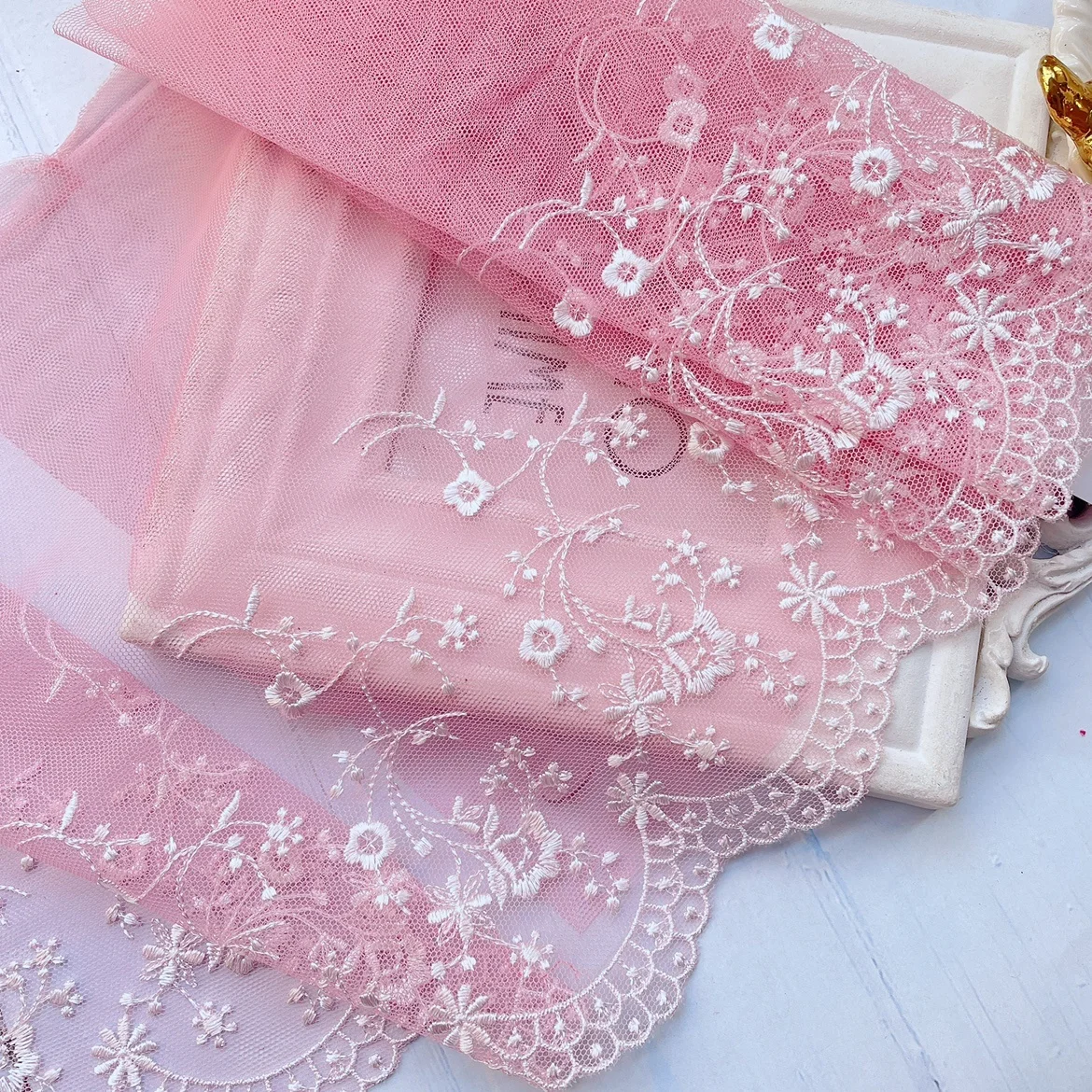 21CM Wide Elegant Tulle Voile Pink Lace Applique Tulip Floral Embroidery Fabric Ribbon Wedding Dress Guipure DIY Sewing Decor