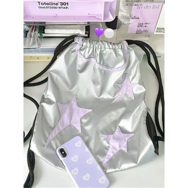 Women Y2K Drawstring Backpacks Korean Fashion Girls Silver Star Backpack Casual Book Bag Student Bags Kids Schoolbag Travel Bag