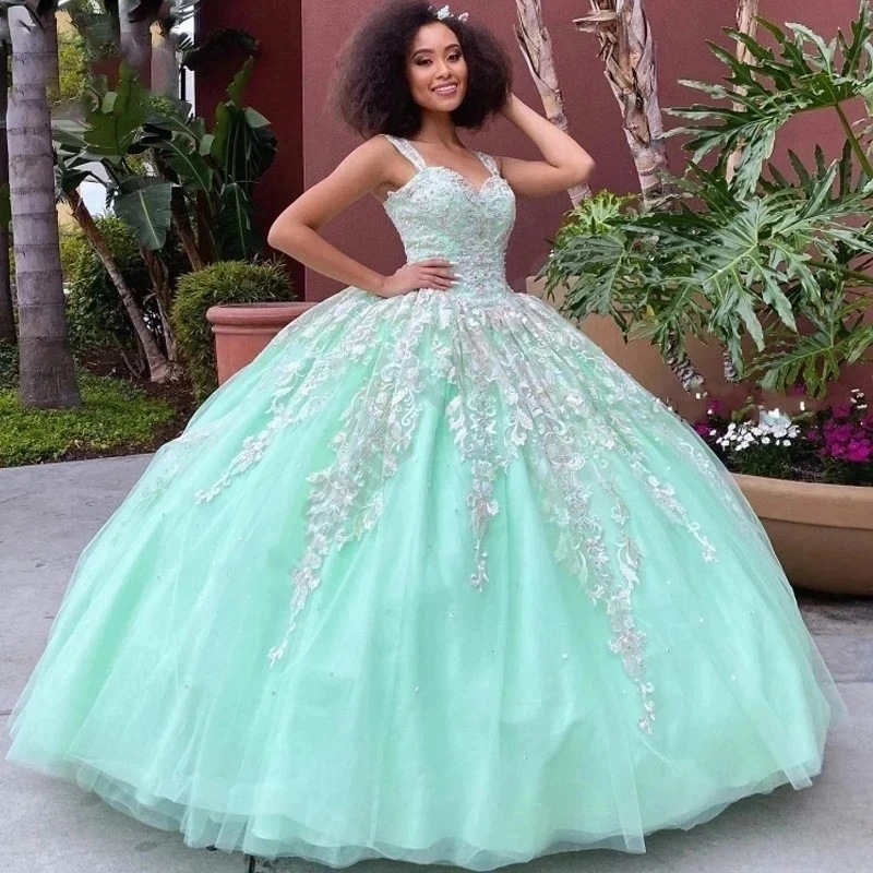 

ANGELSBRIDEP Mint Green Tulle Ball Gown Quinceanera Dresses For 15 Party 3D Flowers Applqiues Princess Gowns Sweet 16 Dresses