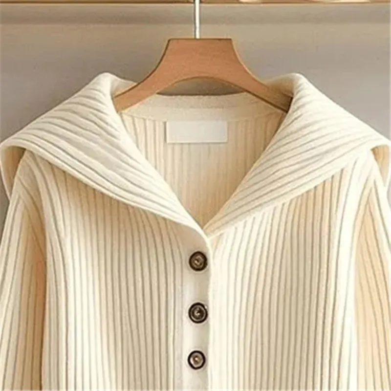 

Spring Autumn 2026 New Short Knitted Cardigan Women Sweater Fashion Navy Collar Long Sleeves Knitwear Sweaters Ladies Tops W1143