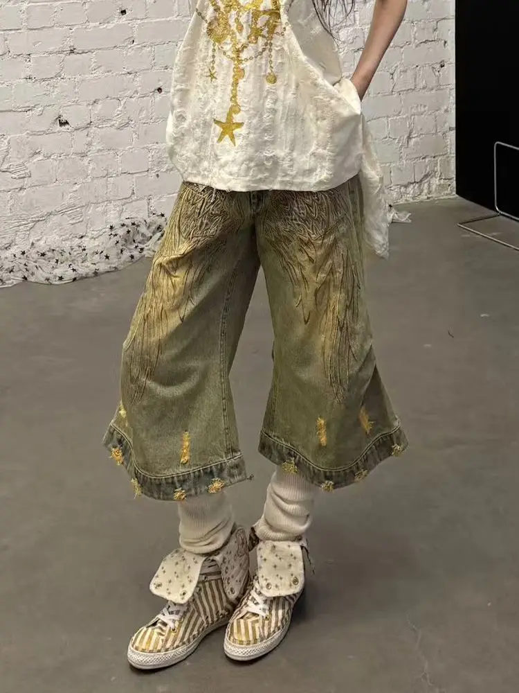 Capris vaqueros pintados con grafiti de ala Vintage americana para mujer Punk Y2K Hot Girl pantalones cortos de diseño Retro lavados desgastados