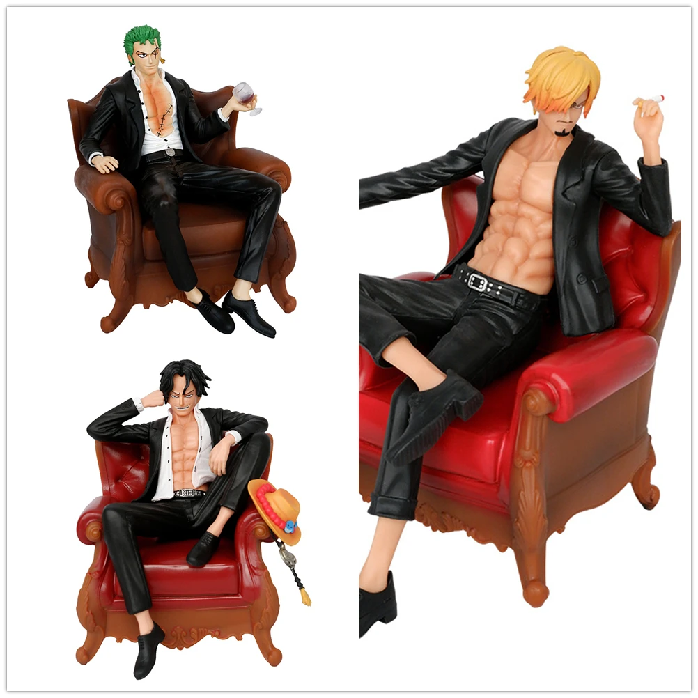 Anime One Piece Sanji Roronoa Zoro Portgas D Ace Sofa Ver. PVC Action Figure Statue Collectible Model Kids Toys Doll Gifts 14CM