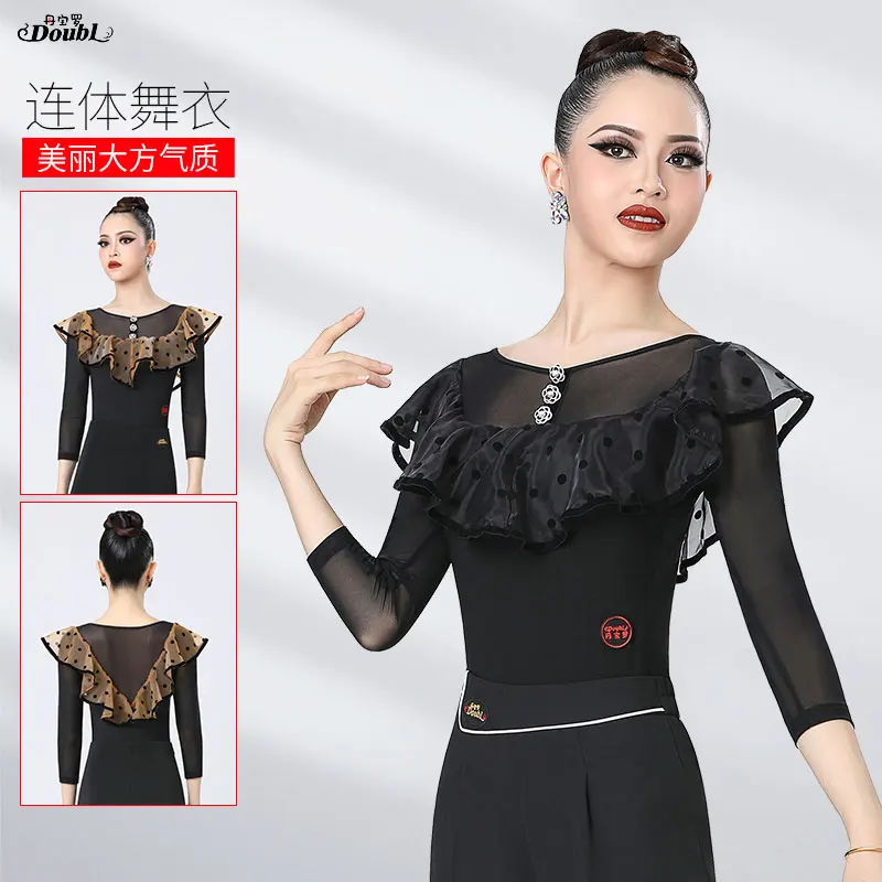 

Doubl Moden Dance Training Dress Three-dimensional Lace Classic Round Neck Women's High-end Brand Waltz Dance Blouse