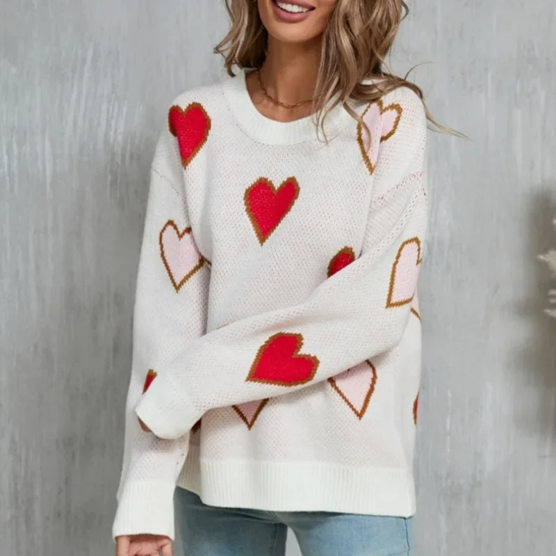 Casual Loose Love Knitted Hoodie Sweater for Winter Women\'s Sweater 2024 New Lover\'s Love Long Sleeve Sweaters for Woman Tops