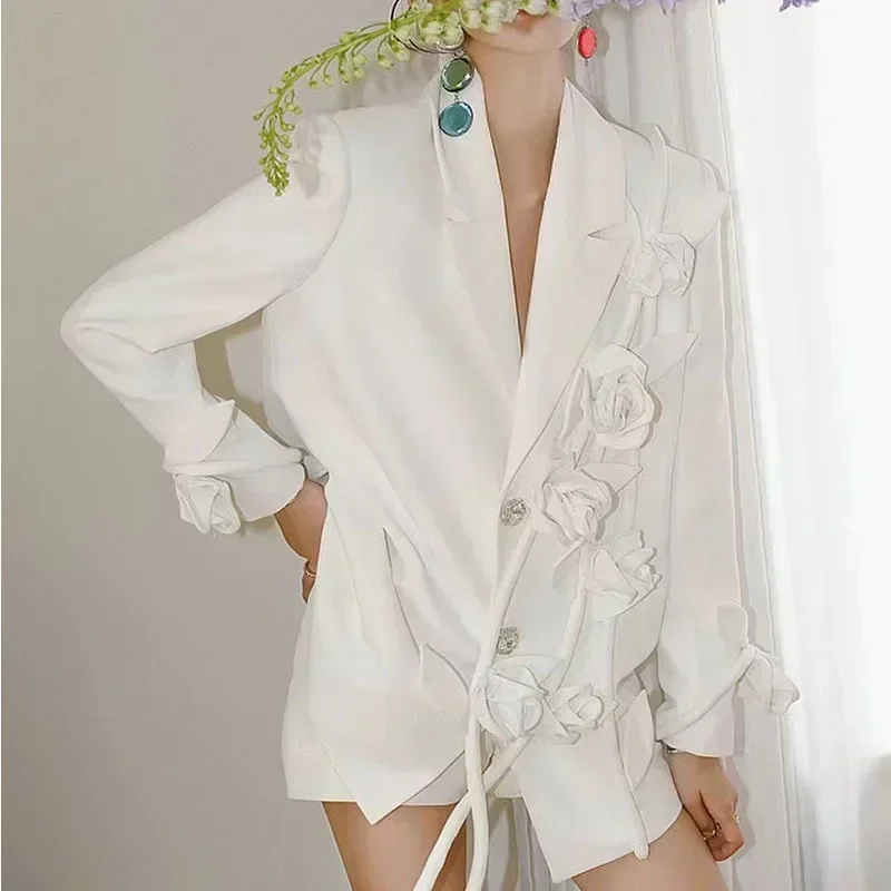 High Quality 2024  All Season Women New Fashion Notched Long Sleeve 3d Rose Flower Appliques Button Loose Casual White Blazer