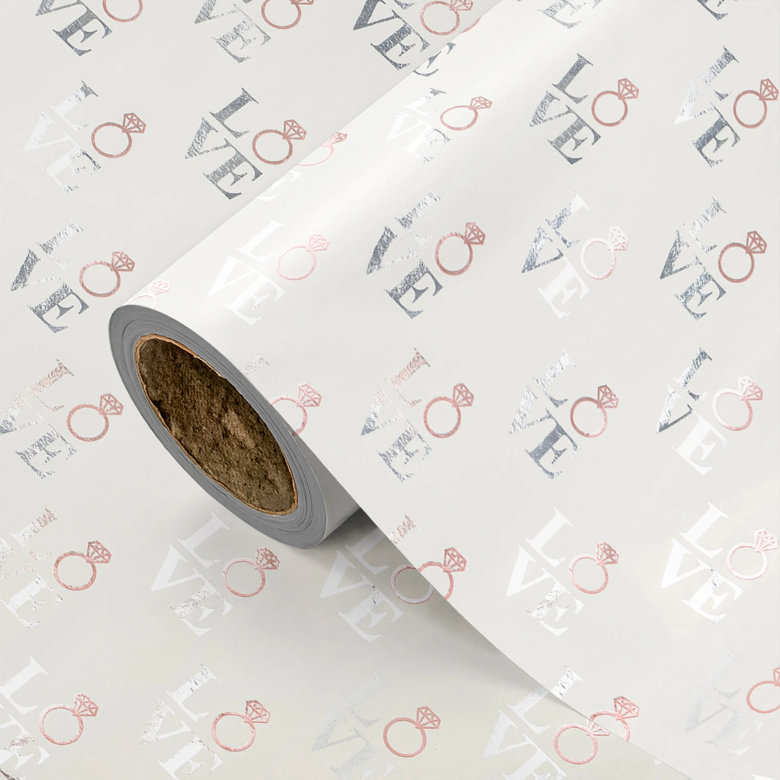 1 Roll of Light Gray Love Ring Gift Wrapping Paper, Metallic Silver & Rose Gold Love & Ring Gift Wrapping Roll, Suitable for Weddings, Engagements, Valentine's Day, DIY Craft Decoration, 43.2cm X 300cm (17inch X 9.84 Feet)