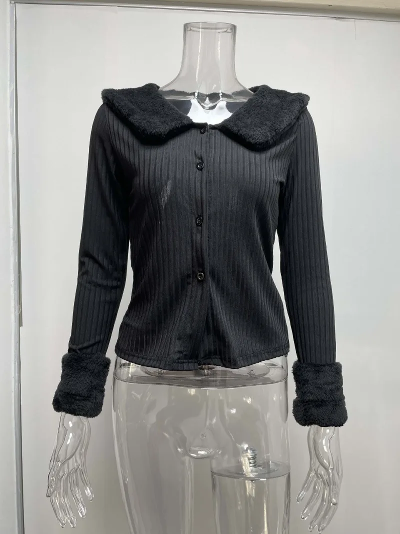 Women Girls Long-sleeved Furry Lapel Crop Top T-shirt Y2k Slim Fit Autumn/winter New Club Outfit Faux Fur Collar Cardigan