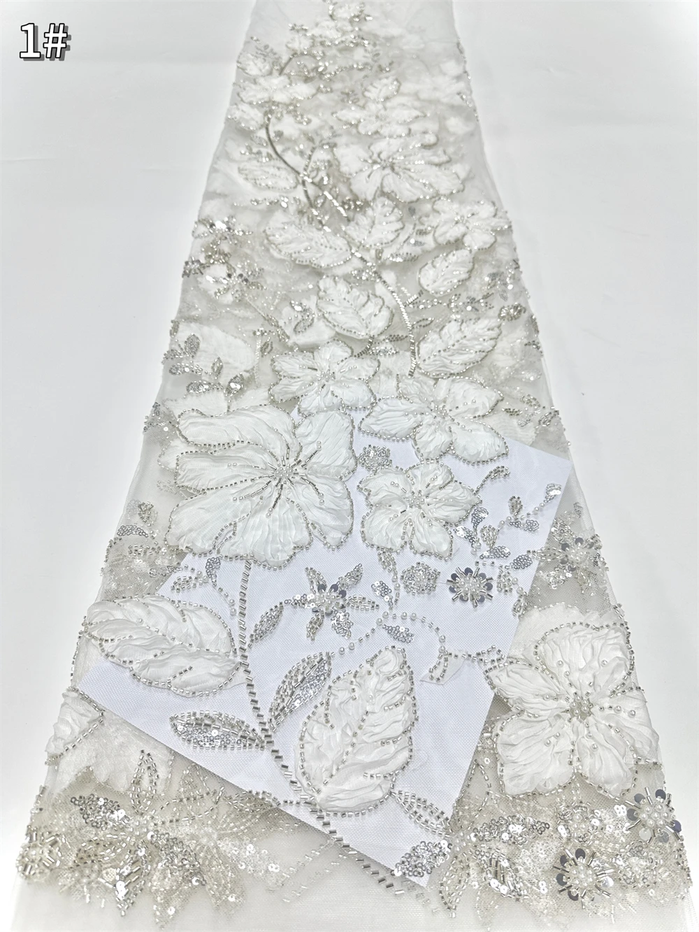 Luxurious African 3D Flower Beaded Mesh Lace Fabric with Sequins French Tulle for Nigerian Wedding Party Dresses Sewing 5 Yards