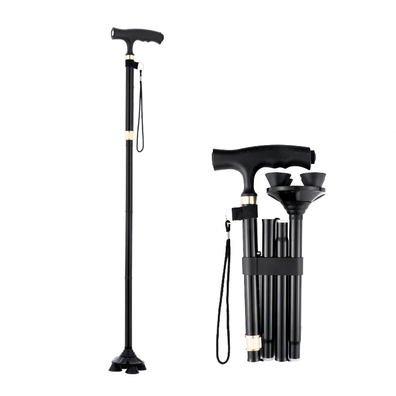 

Crutches Four Legs Folding Telescopic Cane Old Man Aluminum Alloy Lightweight Multifunctional with Lights Non-slip 5 Sections