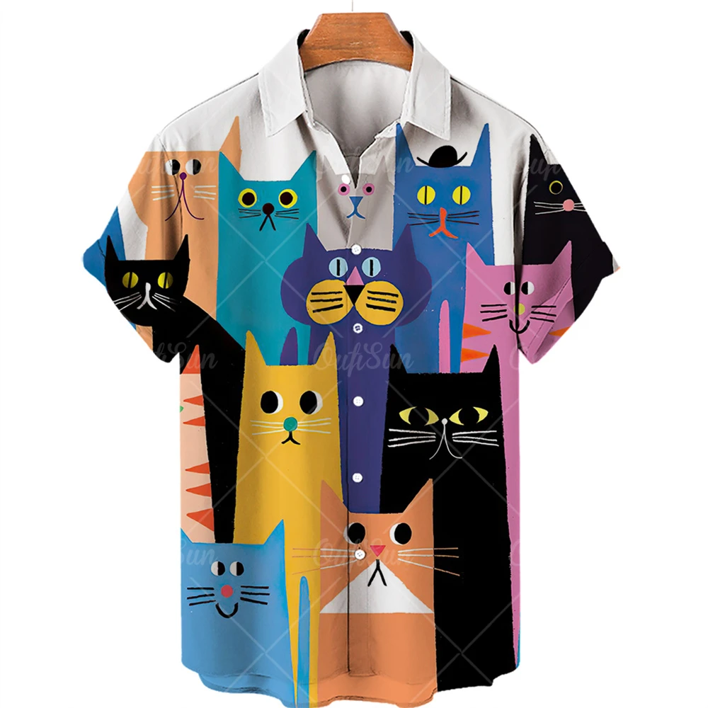 Men's Hawaiian shirts 3D cute cat print short sleeved shirt lapel fashionable casual Harajuku cartoon shirt new men's clothing