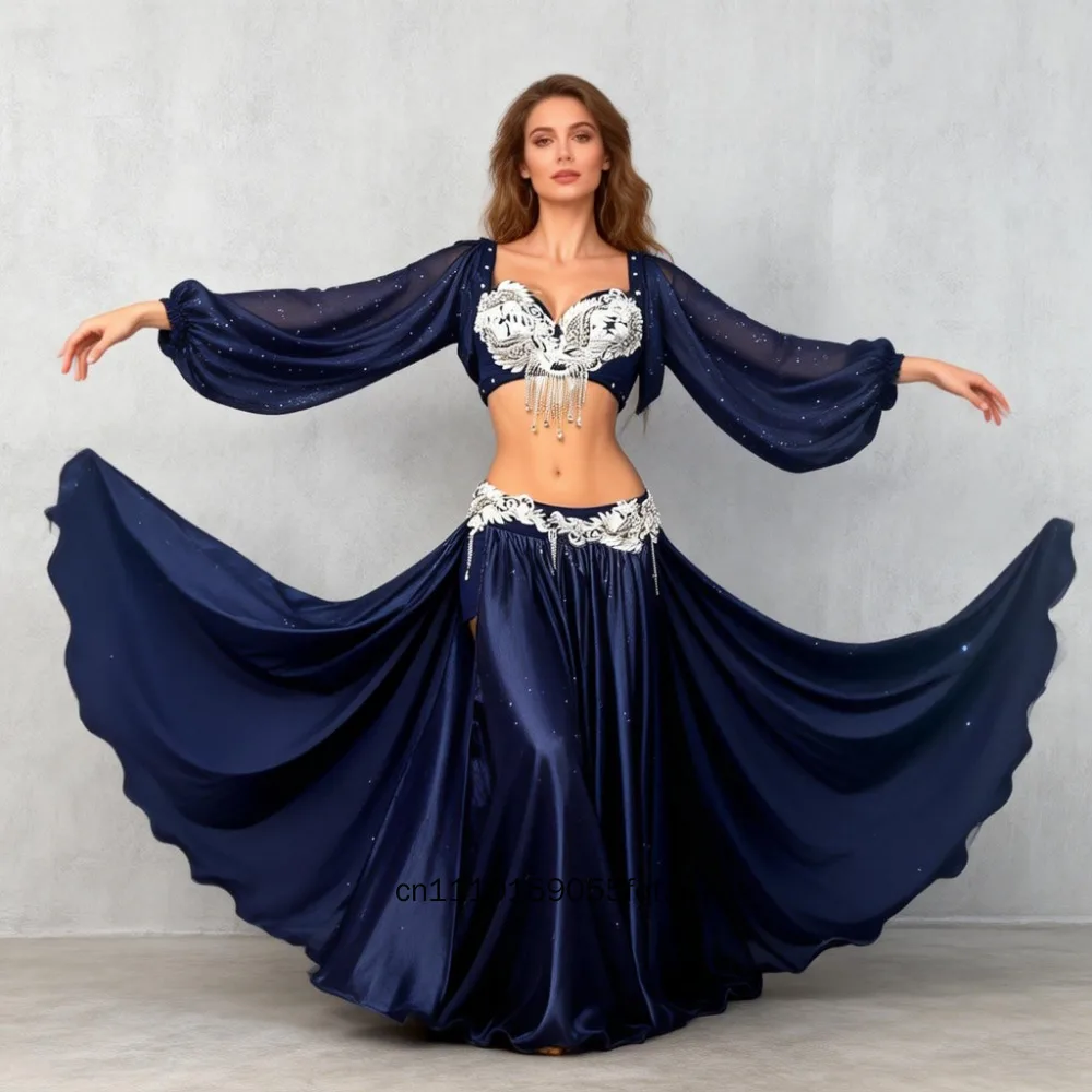 Neues Damen-Bauchtanz-Performance-Kostüm-Set 2-teilig Satin-BH & langer Rock mit hohem Schlitz | Anpassbares orientalisches Bellydance-Outfit – Detail 2