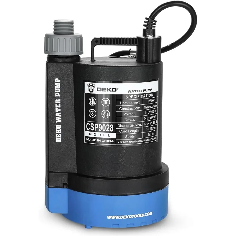 DEKOPRO Submersible Water Pump 1/3 HP 2450GPH Utility Pump Thermoplastic Electric Portable Transfer Water Pump $44.59