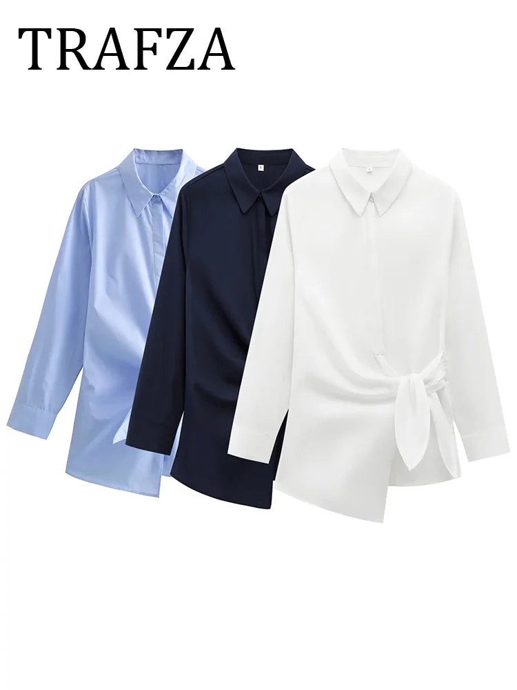

TRAFZA Women's Blue Shirt Bow Desgin Waist Welt Blouse For Women 2025 Spring Long Sleeve Casual Top Office Lady Women Clothing