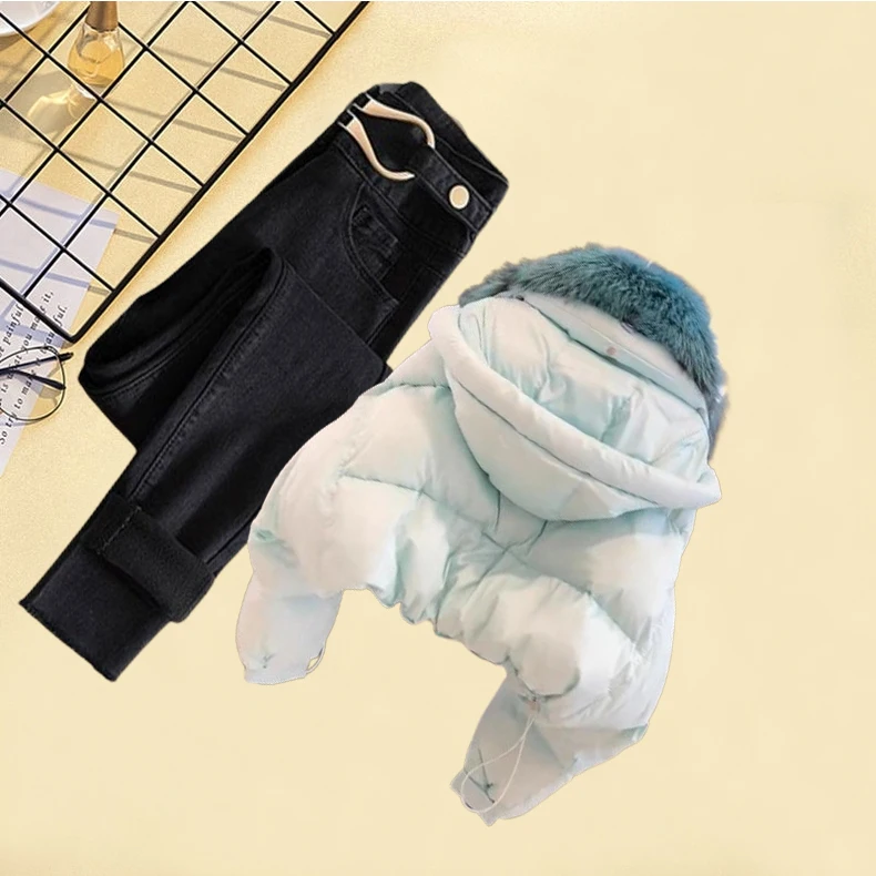 여성용 가을 겨울 데님 의상 테이니드 Fce 라인드 코튼 재킷과 캐주얼 팬츠 투피스 세트 퍼 칼라 포함